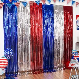 LOLStar 4th of July Decorations; Red White and Blue 3 Pack Tinsel Foil Fringe Curtains; Photo Booth Prop Streamer Backdrop for America Patriotic (Color: Red Silver and Blue, size: 9.9X9.9 FT)